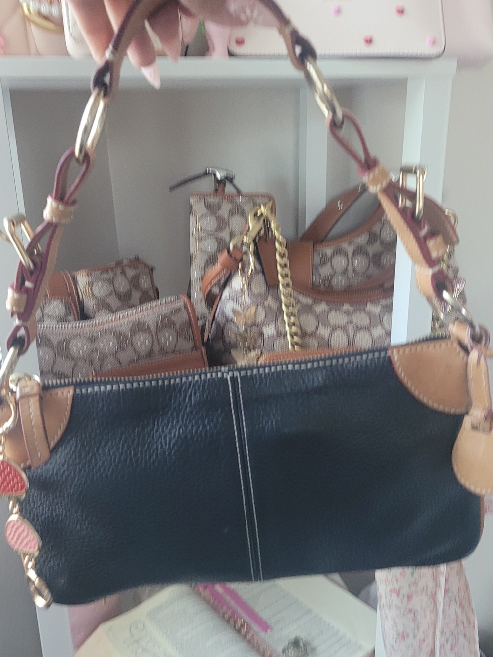 Dooney And Bourke Black Leather Shoulder Bag with Tan Trim